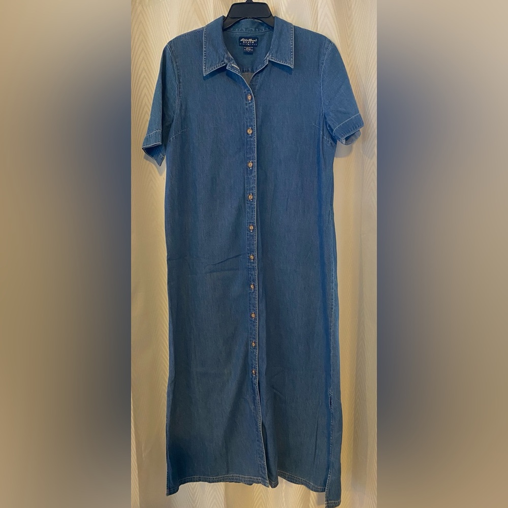 VTG Eddie Bauer Long Denim Maxi Dress Button Up S/S L Large 90’s Y2K Cottagecore
